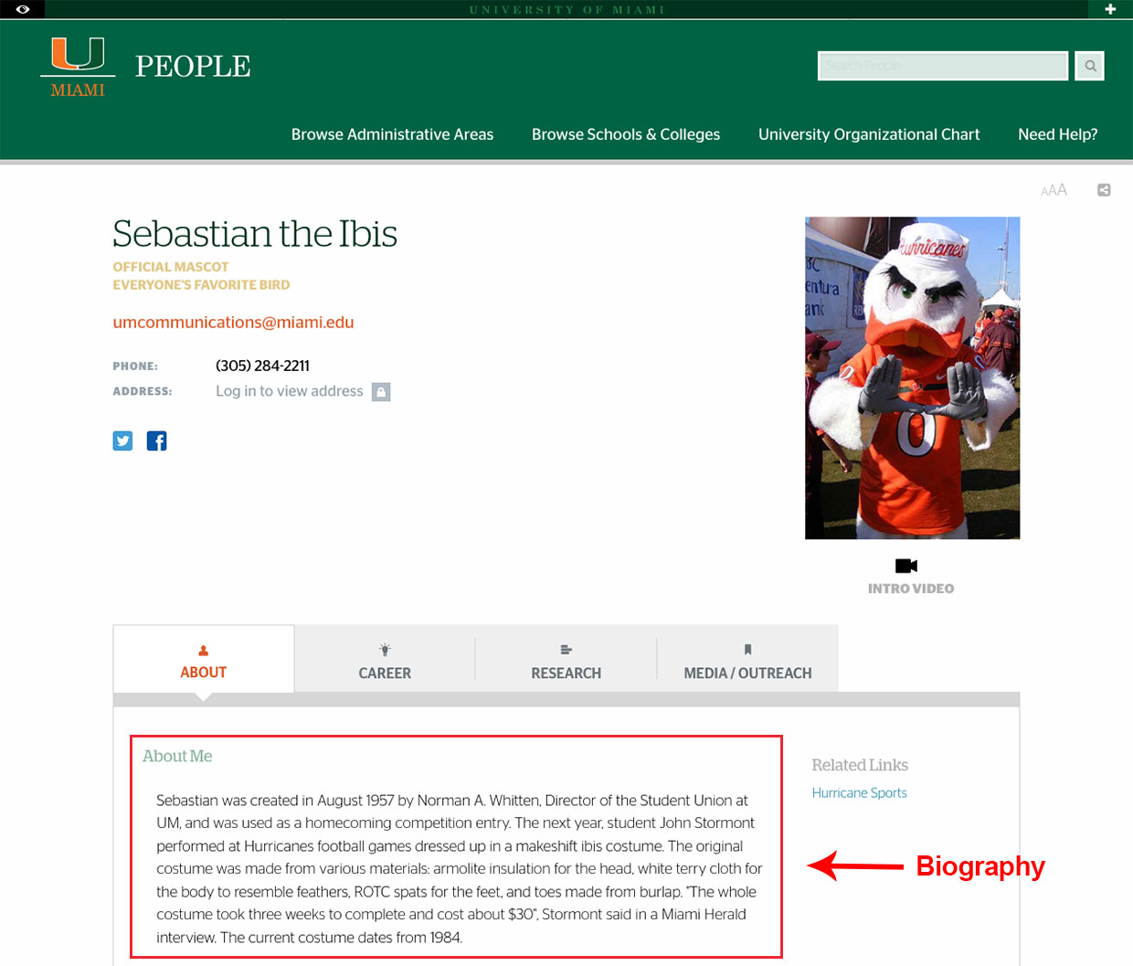 Bio on Sebastian the Ibis' People profile